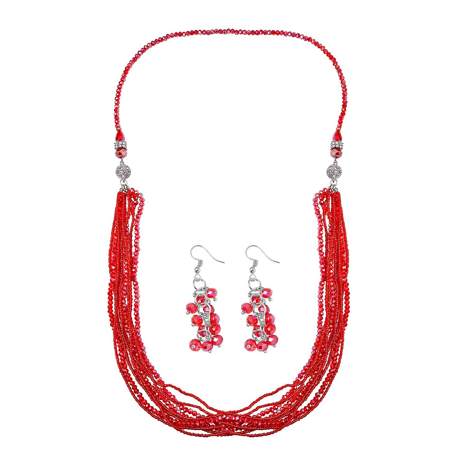 Red Glass, Austrian Crystal 2pcs Multi Wear Necklace 16 & 18 Inches and Earrings in Silvertone