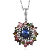 Blue Star Sapphire (DF) and Multi-Tourmaline Floral Pendant Necklace 20 Inches in Platinum Over Sterling Silver 7.40 ctw