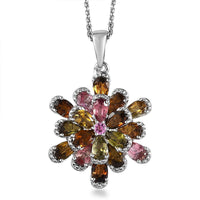Multi-Tourmaline Floral Pendant Necklace 20 Inches in Flower Platinum Over Sterling Silver 3.50 ctw