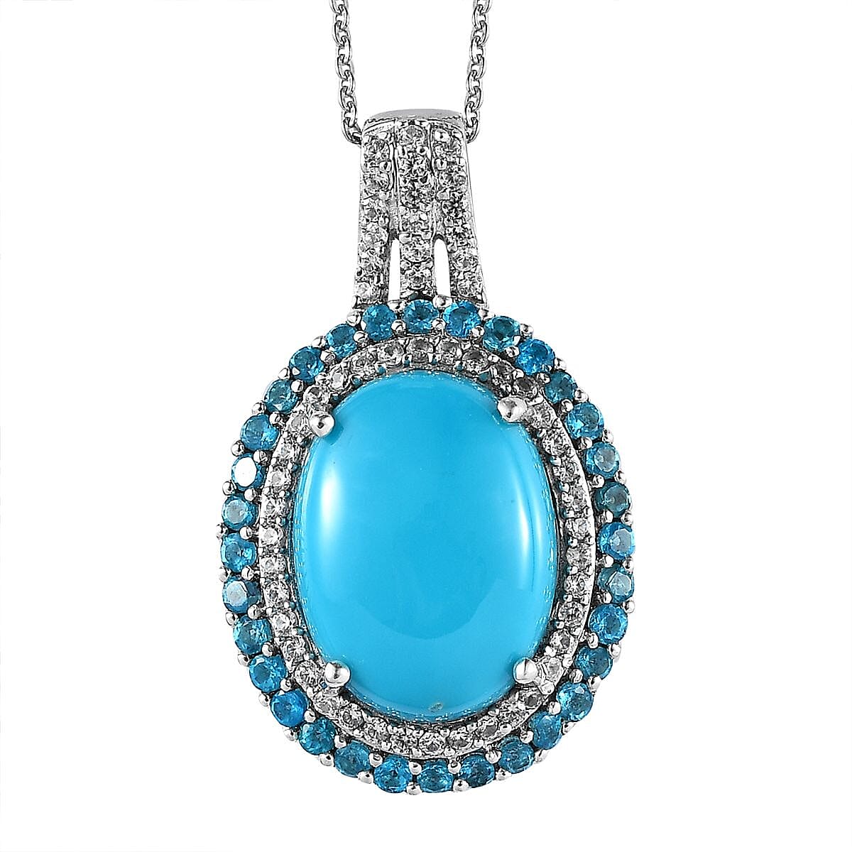Premium Sleeping Beauty Turquoise and Multi Gemstone Double Halo Pendant Necklace 20 Inches in Platinum Over Sterling Silver 7.85 ctw