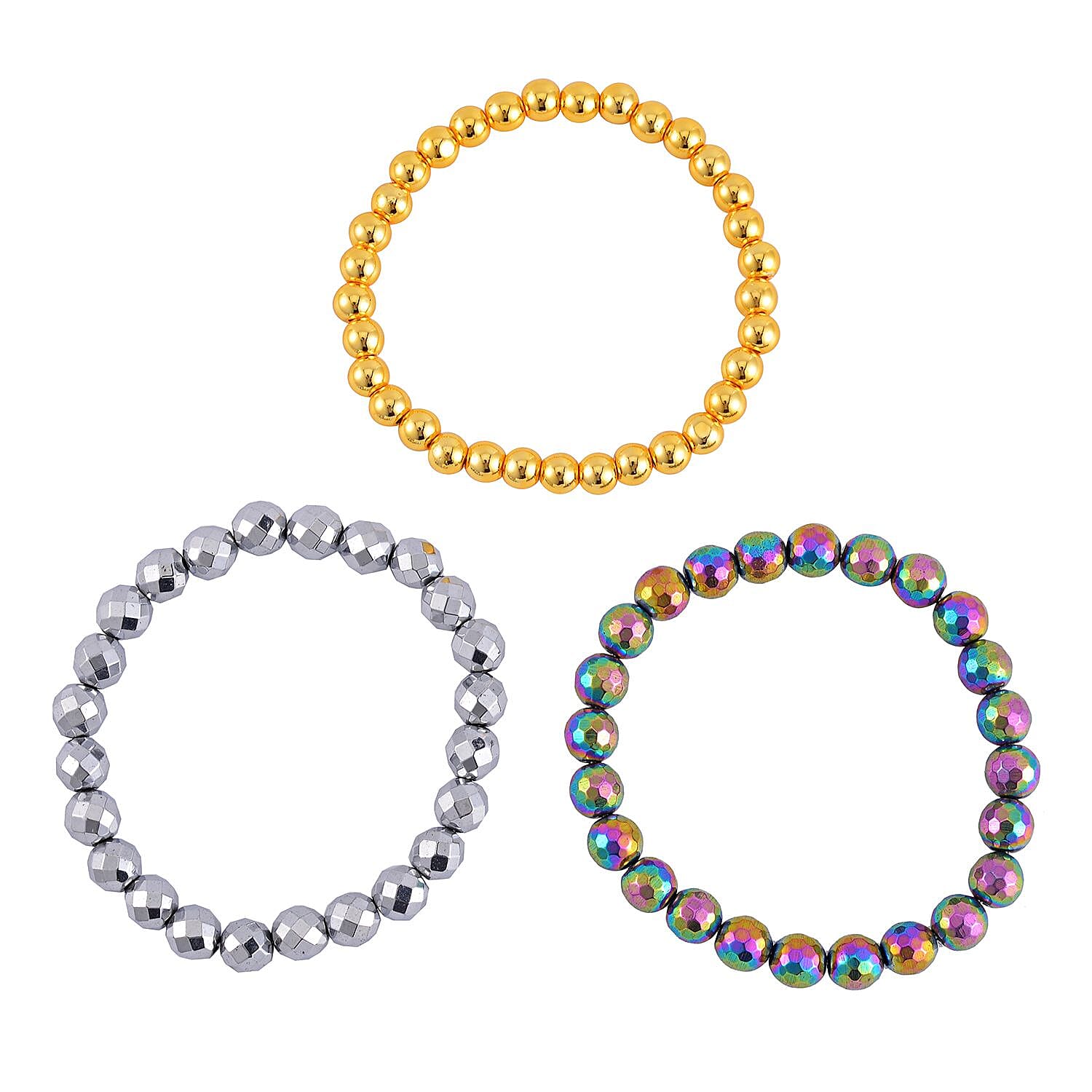 Set of 3 Magic, Silver and Yellow Gold Plated Hematite Beaded Stretch Bracelet 413.00 ctw