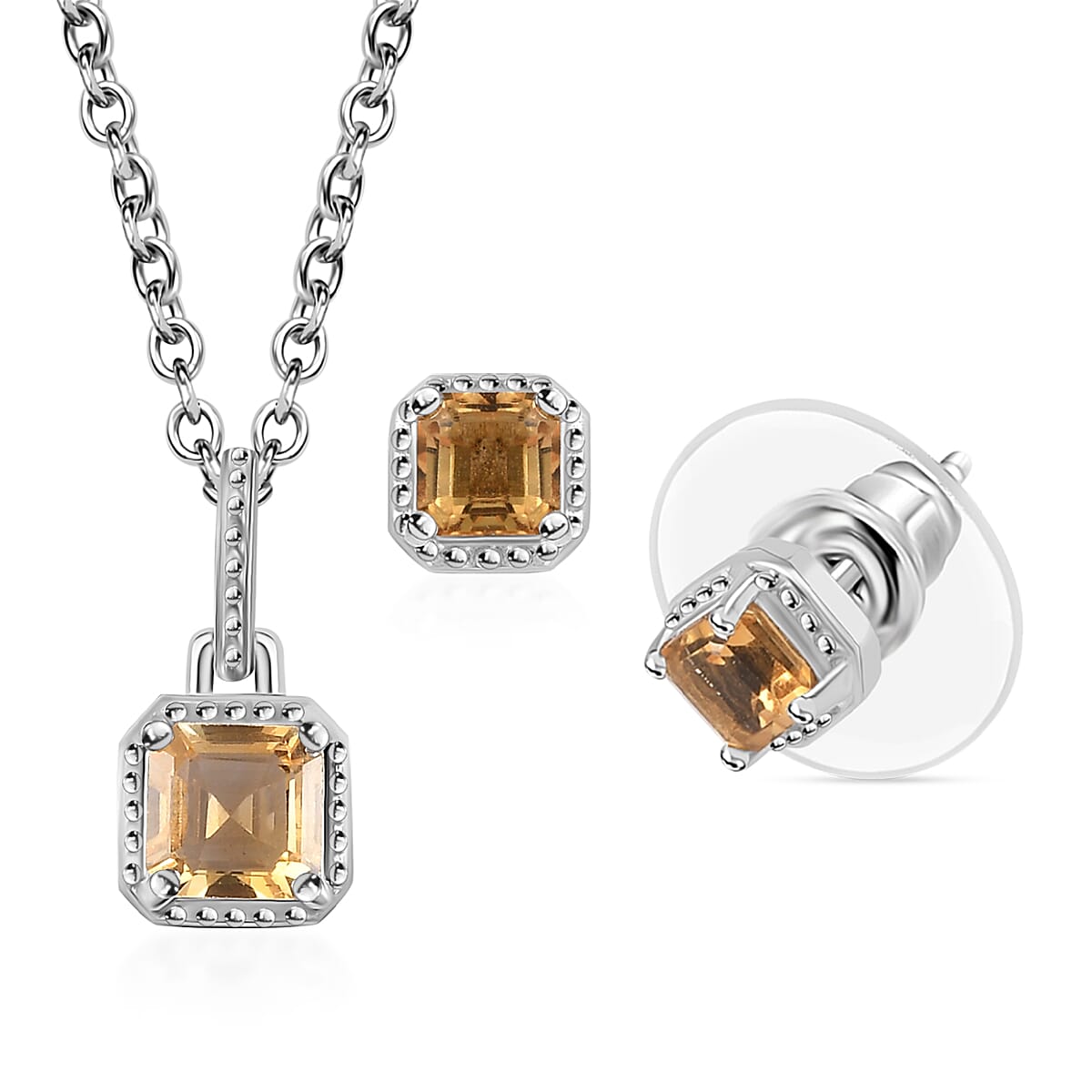 Brazilian Citrine Earrings and Pendant in Platinum Over Sterling Silver with Stainless Steel Necklace 20 Inches 1.10 ctw