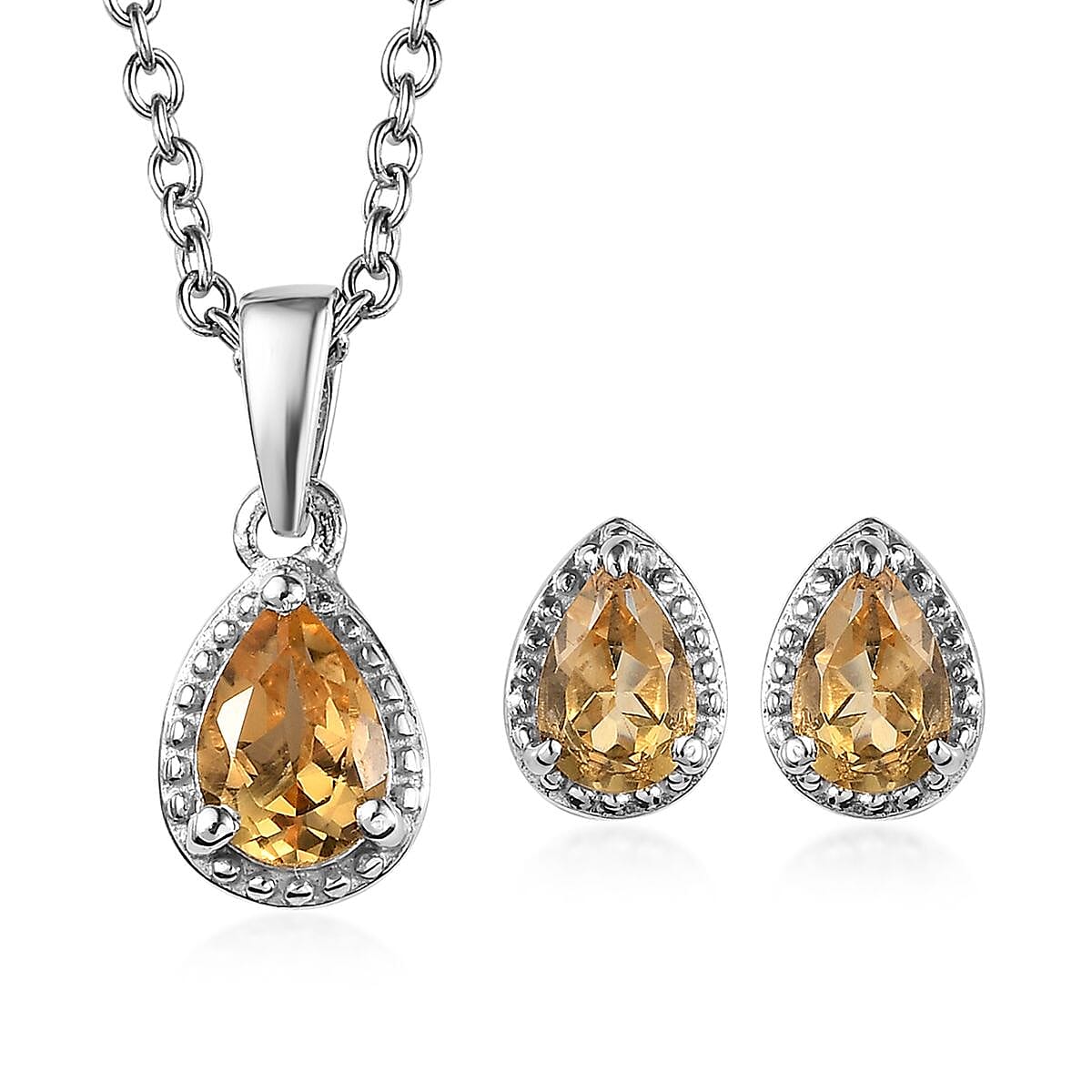 Brazilian Citrine Earrings and Pendant Necklace 20 Inches in Platinum Over Sterling Silver 1.35 ctw
