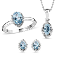 Premium Sky Blue Topaz Earrings, Ring (Size 5.0) and Pendant in Platinum Over Sterling Silver with Stainless Steel Necklace 20 Inches 1.15 ctw