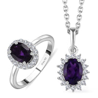 Premium African Amethyst, White Zircon Ring (Size 5.0), Pendant Necklace (20 Inches) in Platinum Over Sterling Silver 1.90 ctw