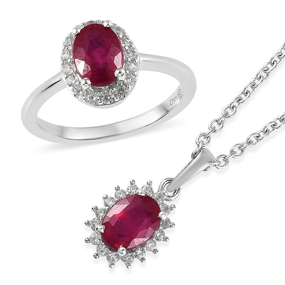 Premium Niassa Ruby, White Zircon Halo Ring (Size 5.0) and Pendant Necklace (20 Inches) in Platinum Over Sterling Silver 2.90 ctw