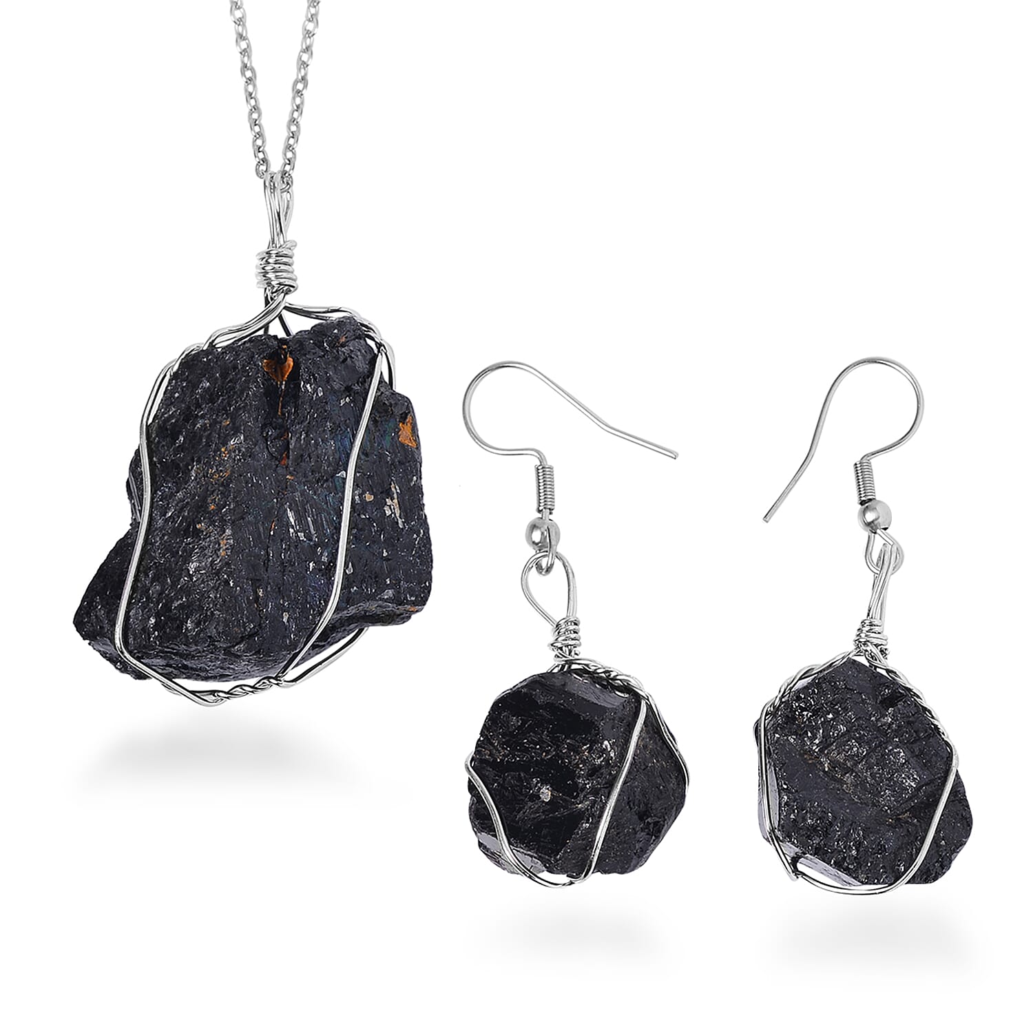 Rough Cut Black Tourmaline Earrings and Pendant in Silvertone with Stainless Steel Necklace 20 Inches 152.50 ctw