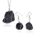 Rough Cut Black Tourmaline Earrings and Pendant in Silvertone with Stainless Steel Necklace 20 Inches 152.50 ctw - Sticky add to cart bar