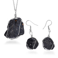 Rough Cut Black Tourmaline Earrings and Pendant in Silvertone with Stainless Steel Necklace 20 Inches 152.50 ctw