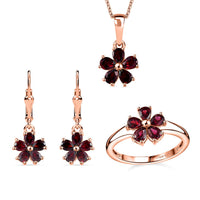 Premium Anthill Garnet Floral Earrings, Ring (Size 5.0), Pendant Necklace 20 Inches in Vermeil Rose Gold Over Sterling Silver 3.80 ctw