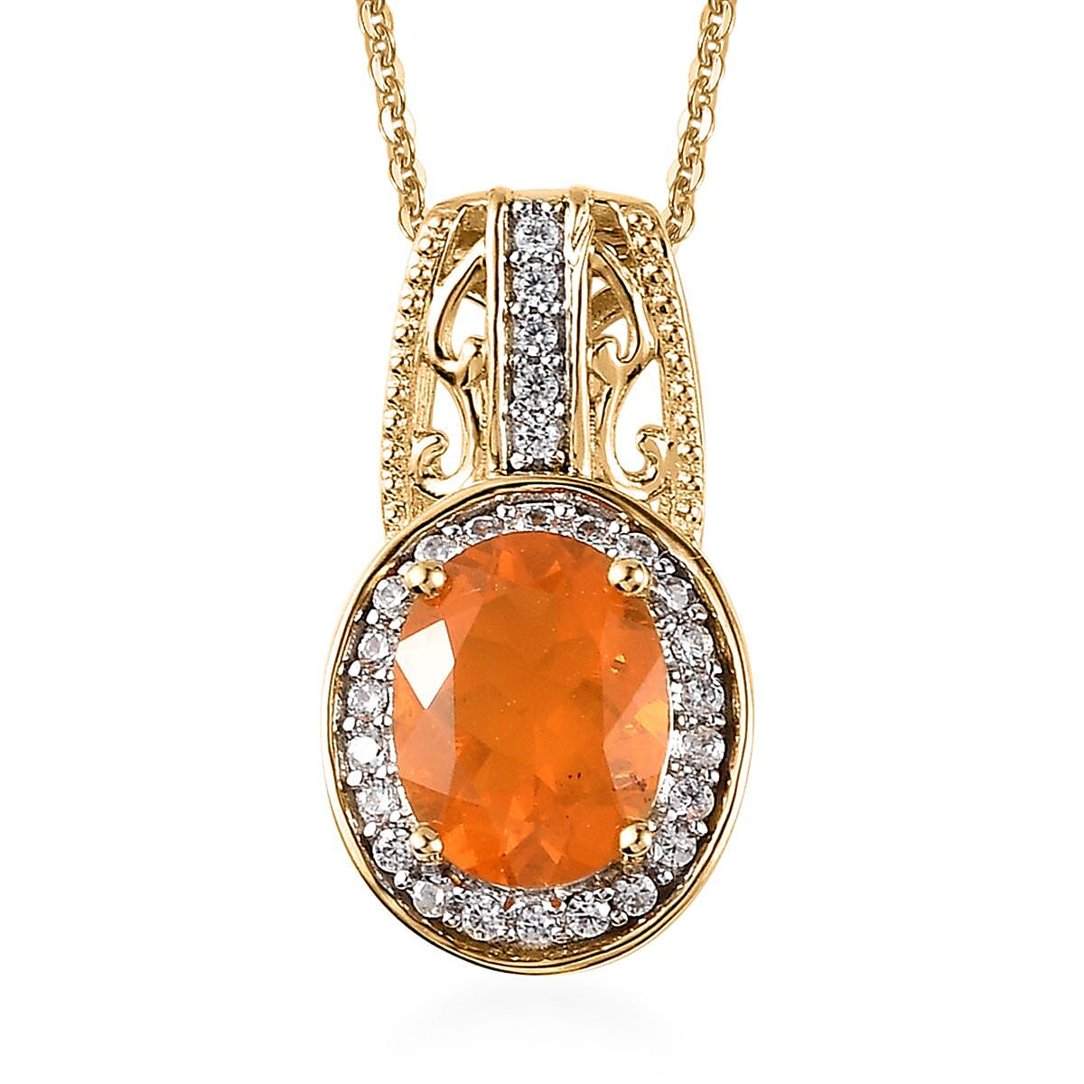 Premium BURITI Fire Opal and White Zircon Pendant Necklace 20 Inches in Vermeil Yellow Gold Over Sterling Silver 1.50 ctw