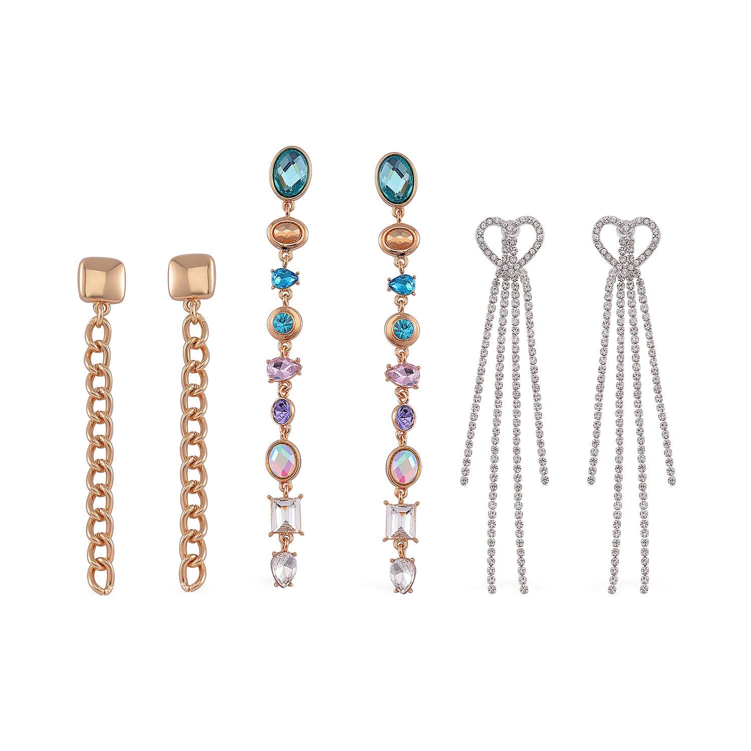 Set of 3 Multi Color Glass, Austrian Crystal Earrings in Silvertone, Rosetone, Goldtone