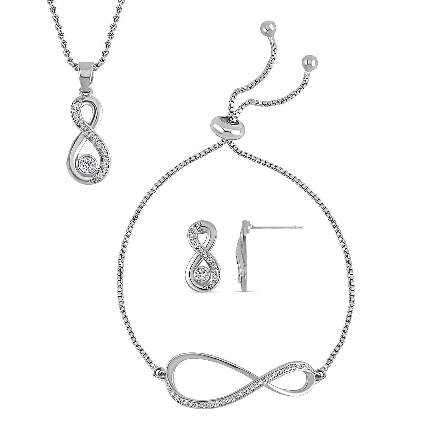 Simulated Diamond Necklace 20-22 Inches Bolo Bracelet and Earrings in Rosetone 0.50 ctw