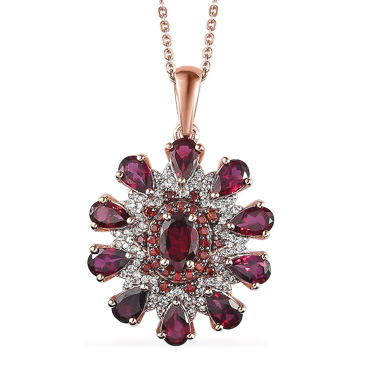 Anthill Garnet, White and Coffee Zircon 3.60 ctw Floral Pendant Necklace in Vermeil Rose Gold Over Sterling Silver 20 Inches