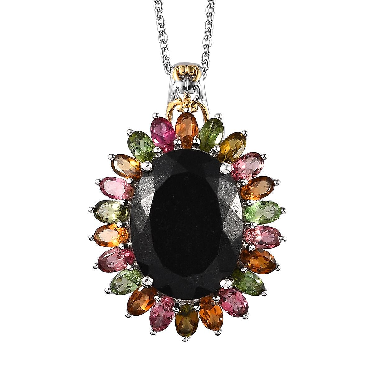 Australian Black Tourmaline, Multi-Tourmaline Halo Pendant Neckalce (20 Inches) in Vermeil YG and Platinum Over Sterling Silver 22.65 ctw