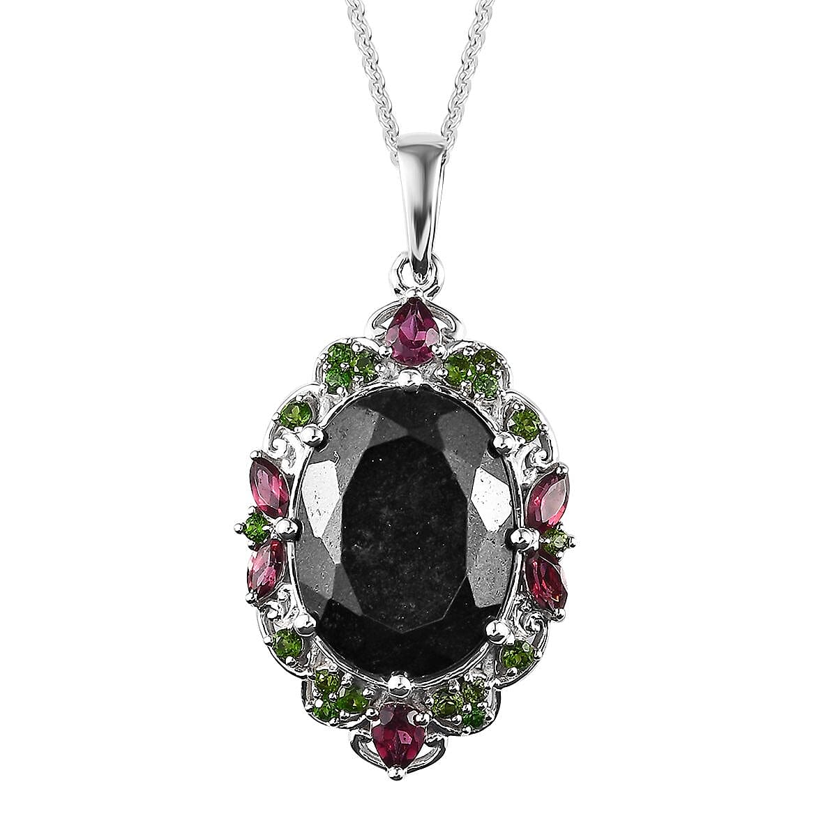 Black Tourmaline and Multi Gemstone Pendant Necklace 20 Inches in Platinum Over Sterling Silver 11.10 ctw