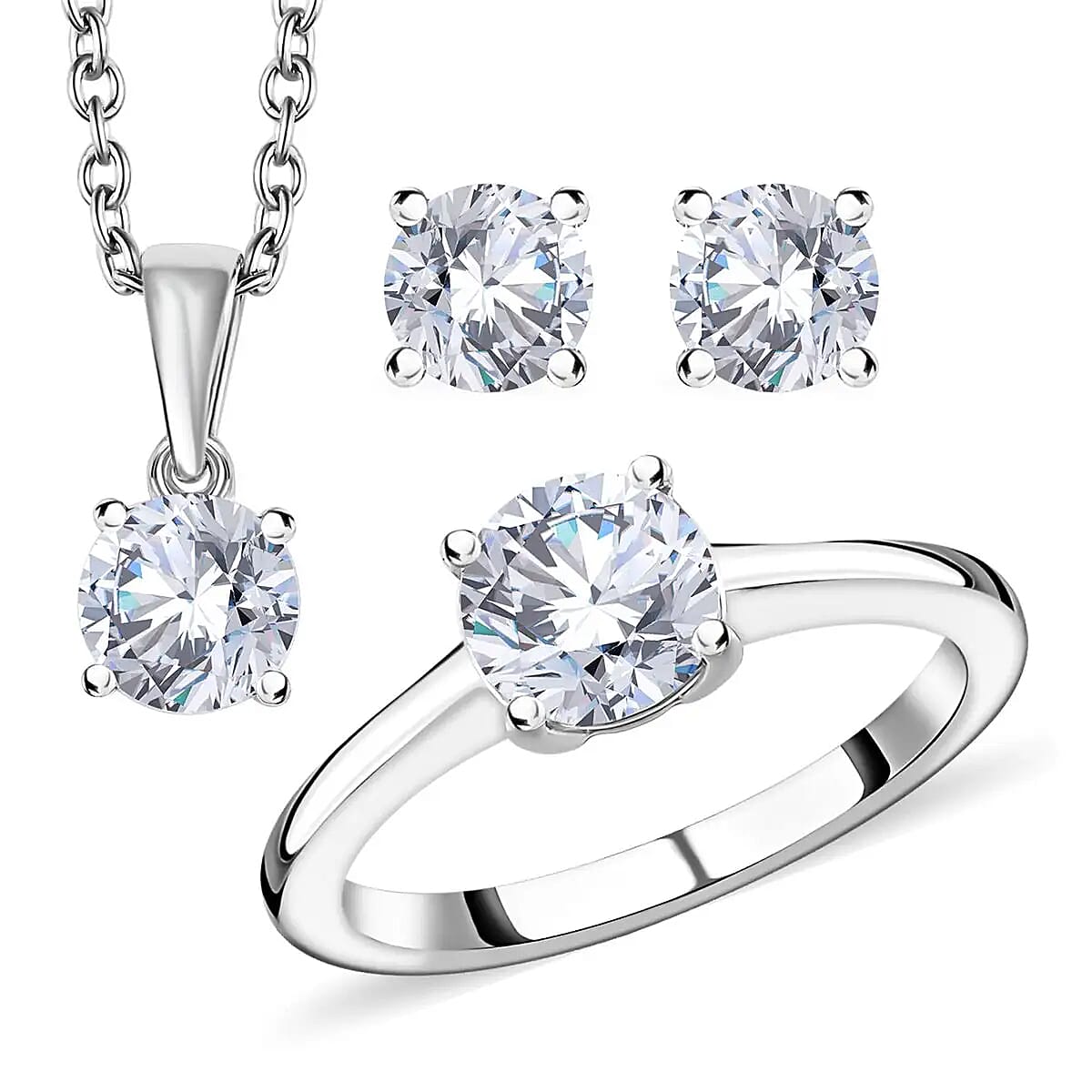 Moissanite Stud Earrings, Ring (Size 7.0) and Pendant Necklace 20 Inches in Rhodium Over Sterling Silver 2.35 ctw