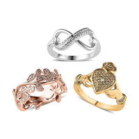 Natural Chapagne and White Diamond, Blue Diamond (IR) Accent Set of 3 Leafs, Claddagh, Infinity Ring in 18K YRG Plated and Platinum Bond (Size 5.0)