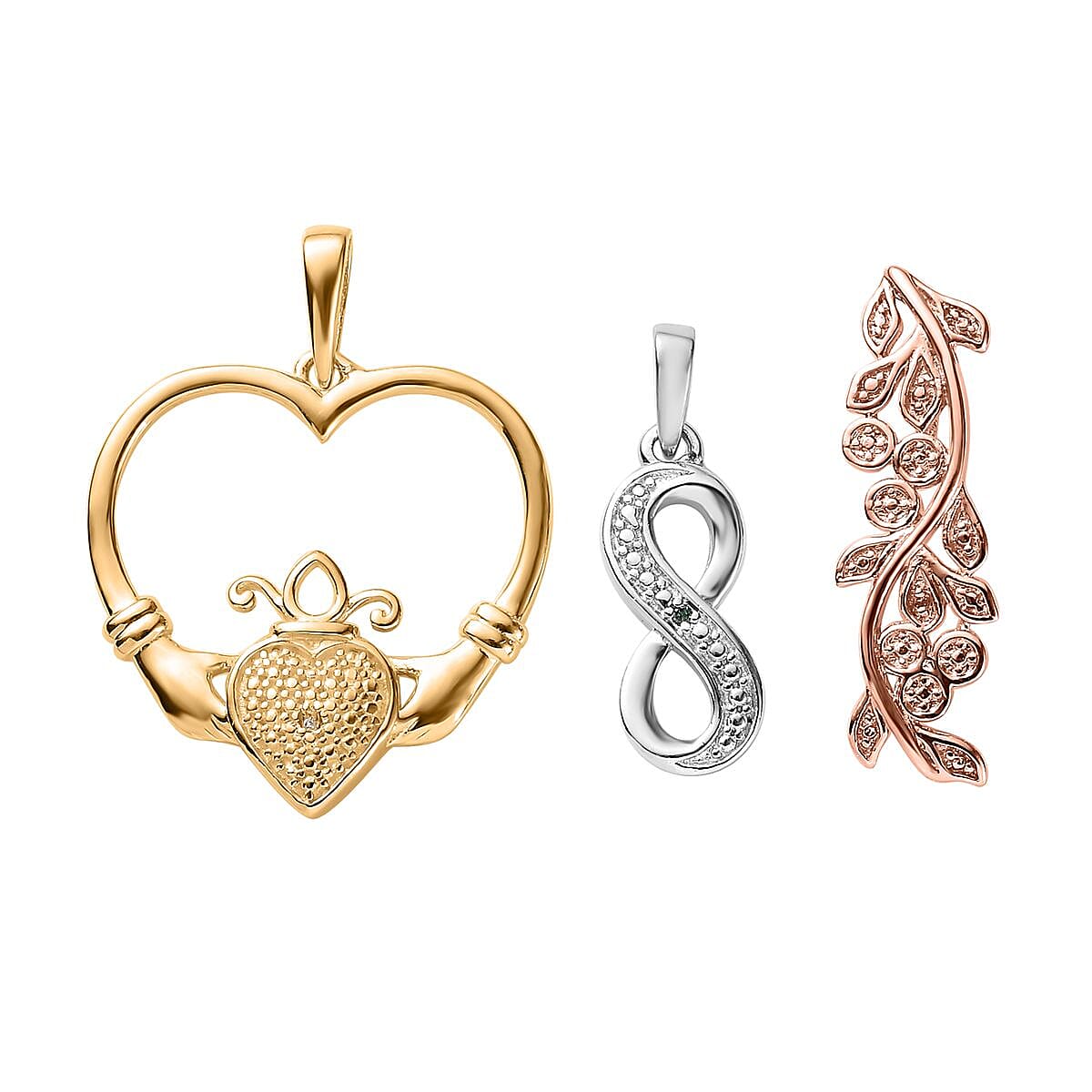 Karis Natural Champagne and White Diamond, Blue Diamond (IR) Accent Set of 3 Leafs, Claddagh, Infinity Pendant without Chain in 18K YRG Plated and Platinum Bond