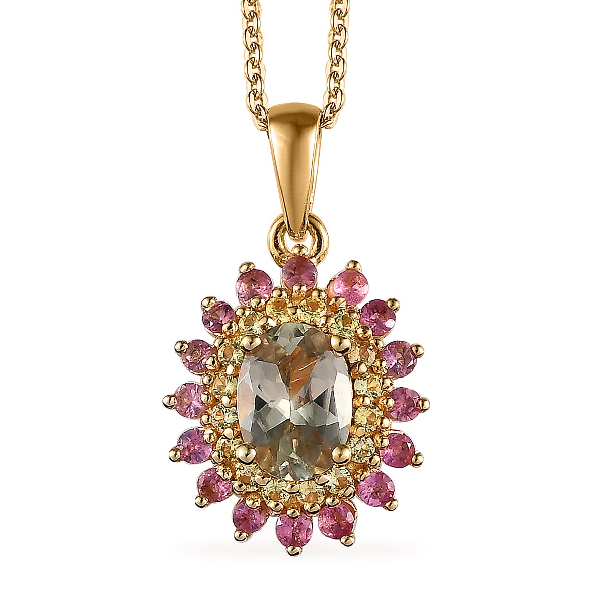 AAA Turkizite and Multi Gemstone Floral Pendant Necklace 20 Inches in Vermeil Yellow Gold Over Sterling Silver 1.30 ctw
