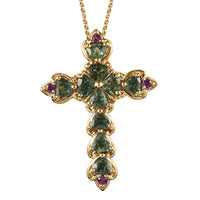 Tanzanian Natural Green Apatite and Orissa Rhodolite Garnet Cross Pendant Necklace 20 Inches in Vermeil Yellow Gold Over Sterling Silver 2.60 ctw