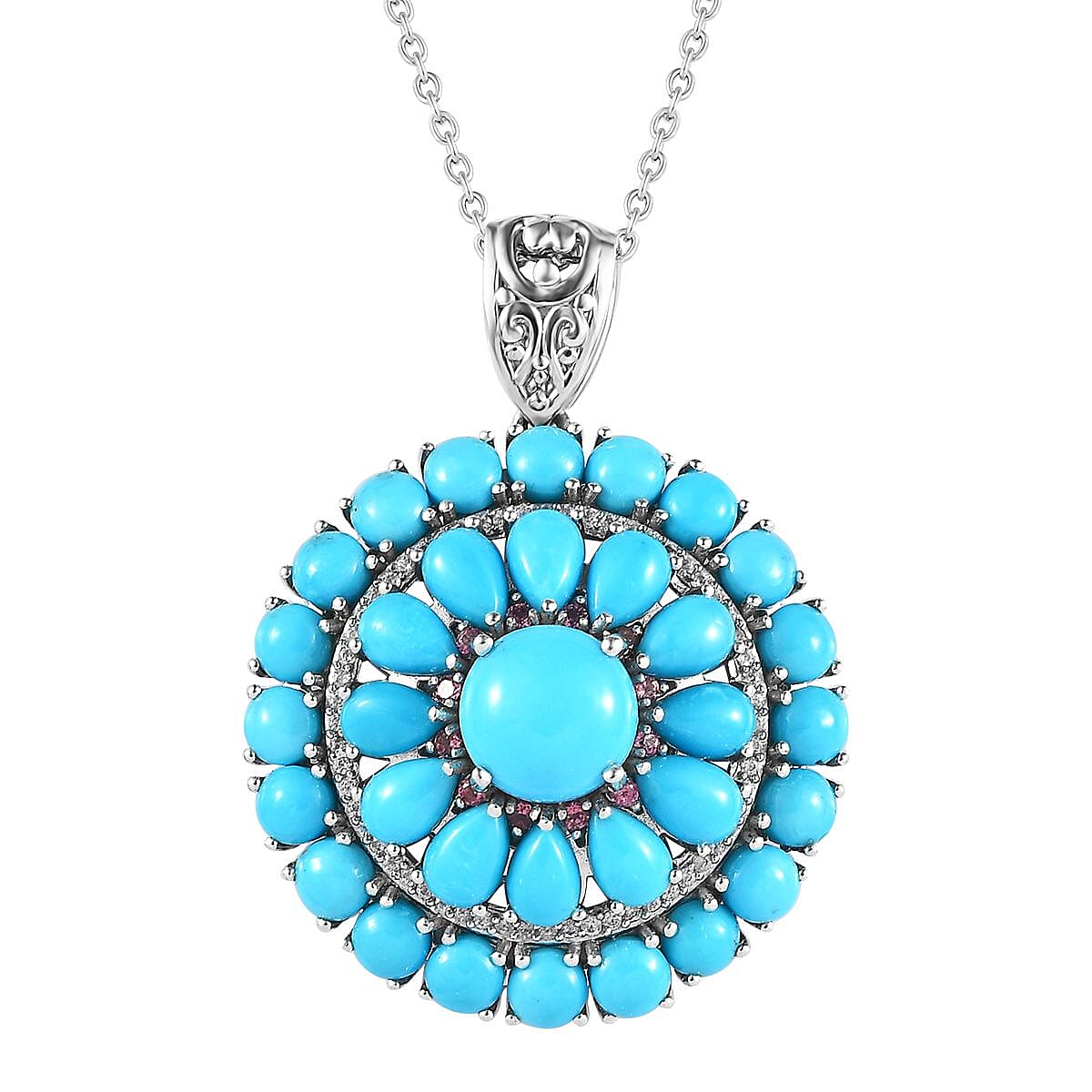 Premium Sleeping Beauty Turquoise and Multi Gemstone Medallion Pendant Necklace 20 Inches in Platinum Over Sterling Silver 14.25 ctw
