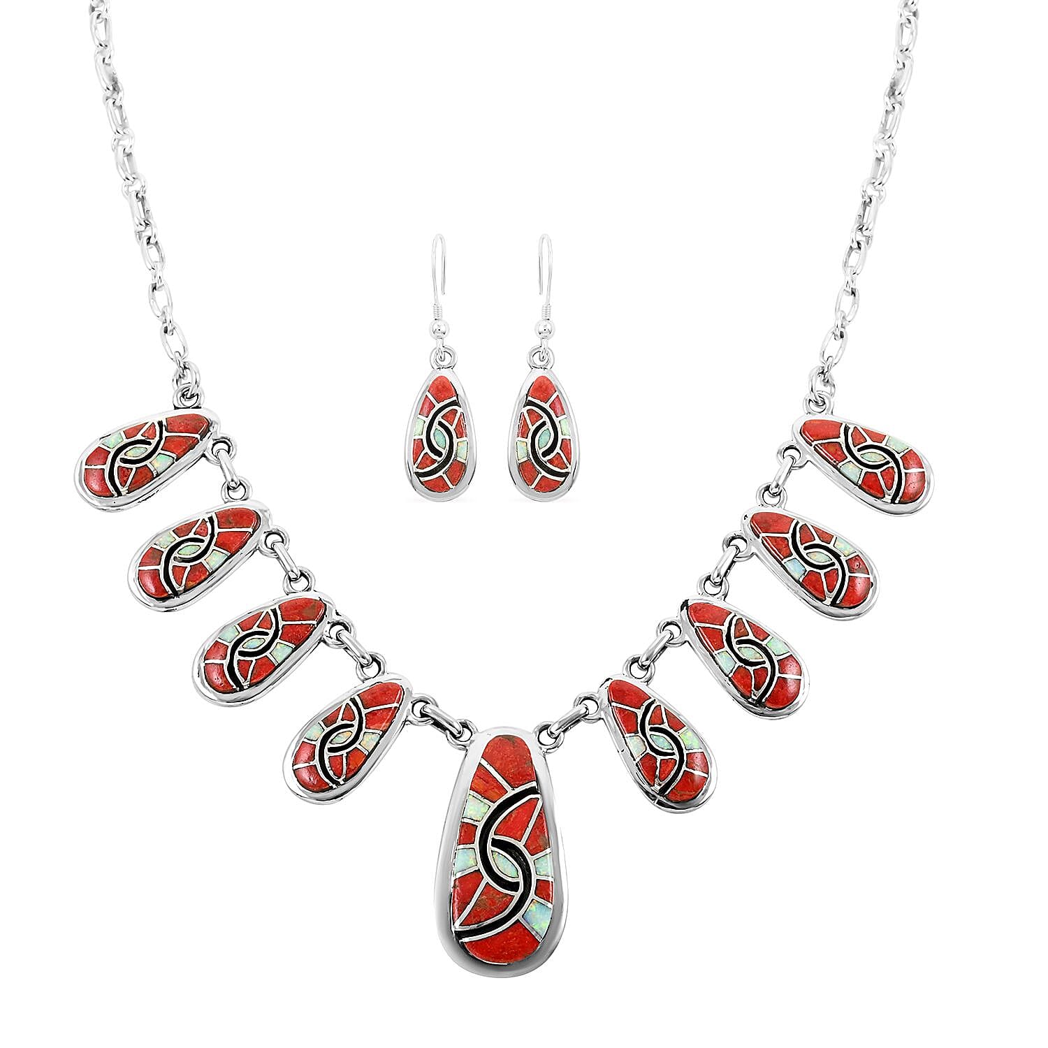 Santa Fe Style Enhanced Coral and Multi Gemstone Necklace 18-21 Inches and Earrings in Sterling Silver 65.00 ctw