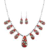 Santa Fe Style Enhanced Coral and Multi Gemstone Necklace 18-21 Inches and Earrings in Sterling Silver 65.00 ctw