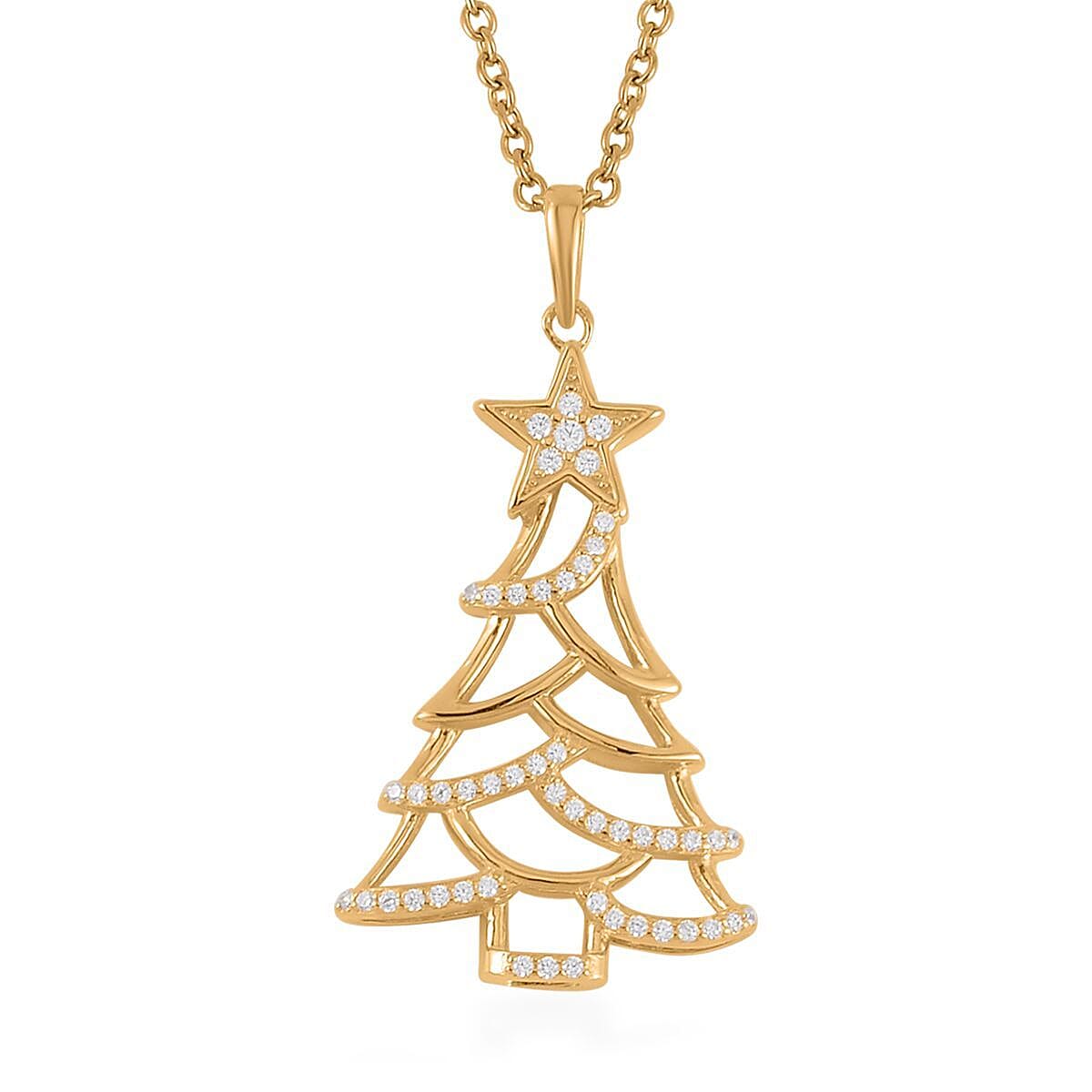 Simulated Diamond Christmas Tree Pendant in 14K Yellow Gold Over Sterling Silver with Stainless Steel Necklace 20 Inches 0.40 ctw