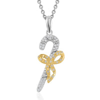 Simulated Diamond Candy Cane BowPendant without Chain in 14K YG and Rhodium Over Sterling Silver with Stainless Steel 20 Inches 0.40 ctw
