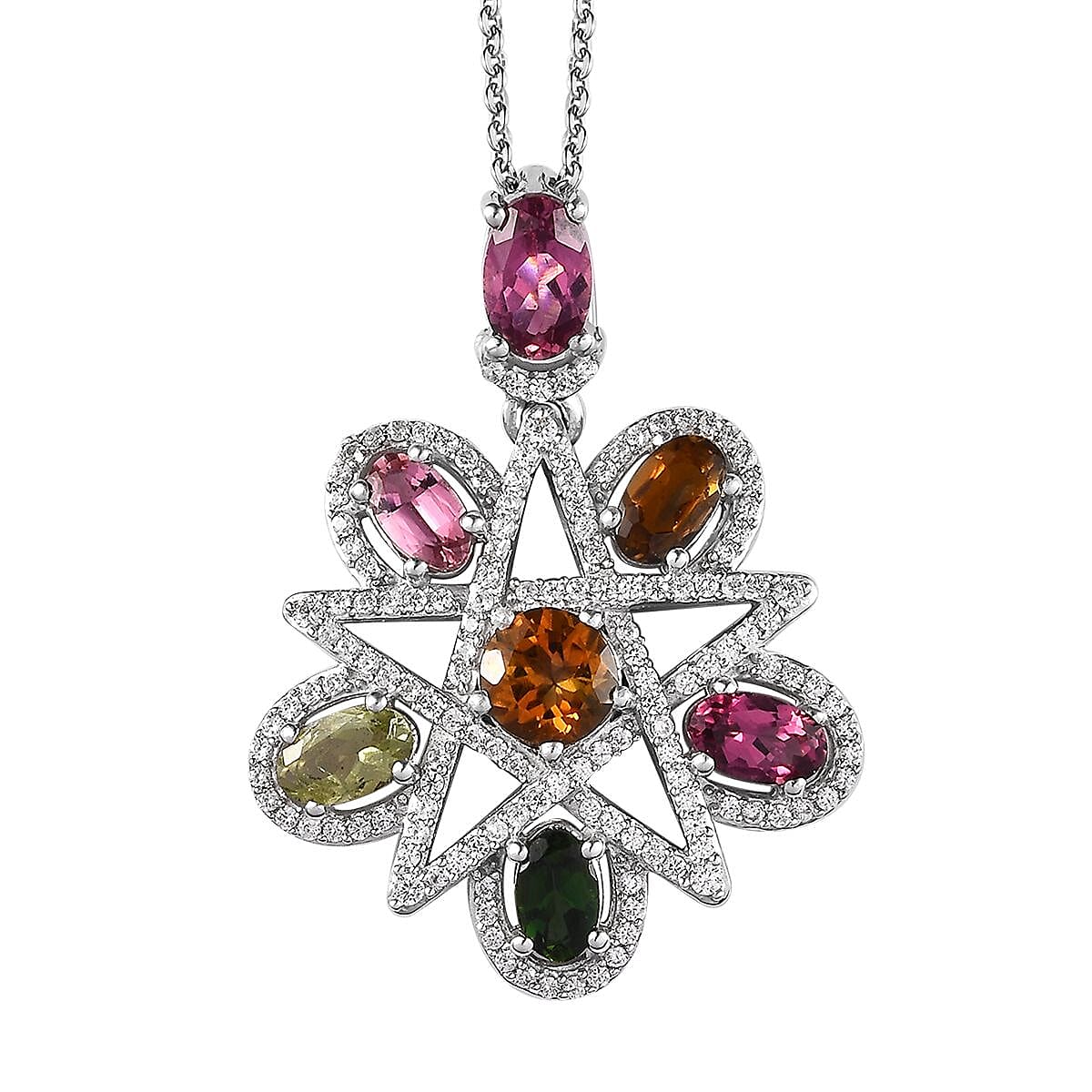 GP Celestial Dreams Collection Premium Multi-Tourmaline and White Zircon 2.90 ctw Pendant Necklace in Platinum Over Sterling Silver 20 Inches