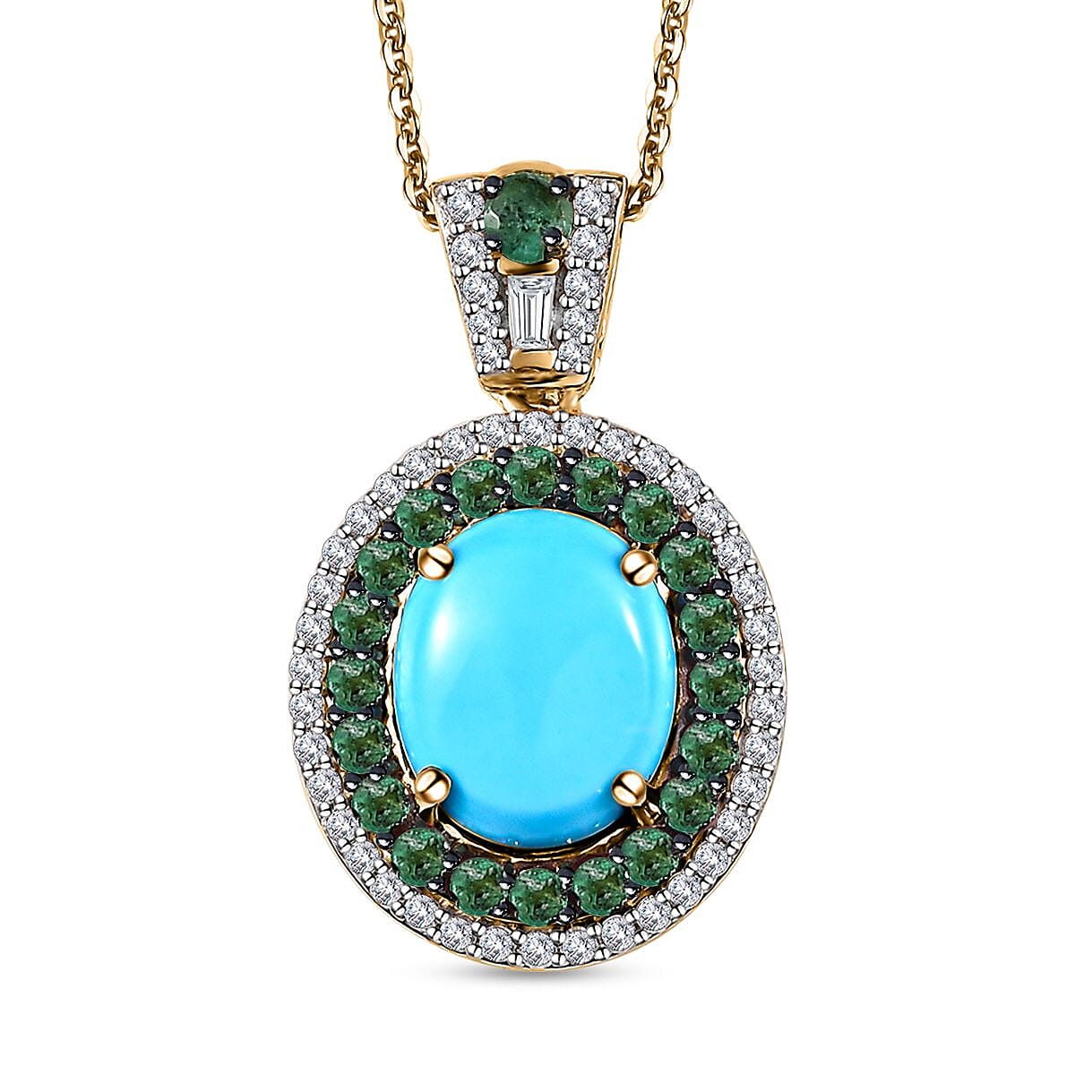 TLV Premium Sleeping Beauty Turquoise, Multi Gemstone Double Halo Pendant Necklace (20 Inches) in Vermeil YG Over Sterling Silver 4.40 ctw