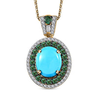 TLV Premium Sleeping Beauty Turquoise, Multi Gemstone Double Halo Pendant Necklace (20 Inches) in Vermeil YG Over Sterling Silver 4.40 ctw