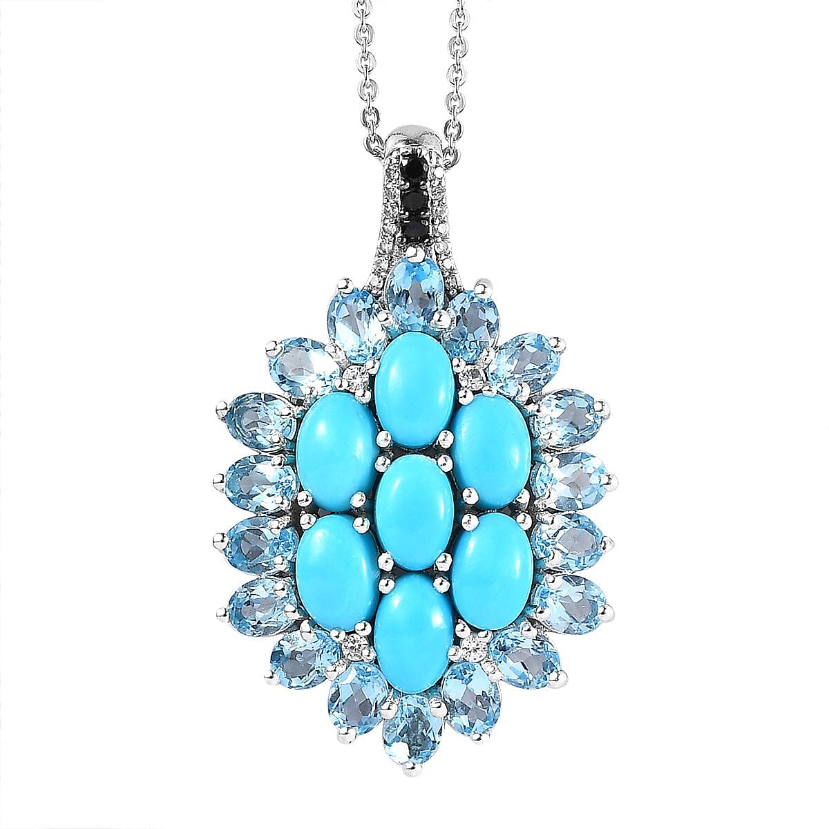 Sleeping Beauty Turquoise and Multi Gemstone Floral Pendant Necklace 20 Inches in Platinum Over Sterling Silver 6.70 ctw