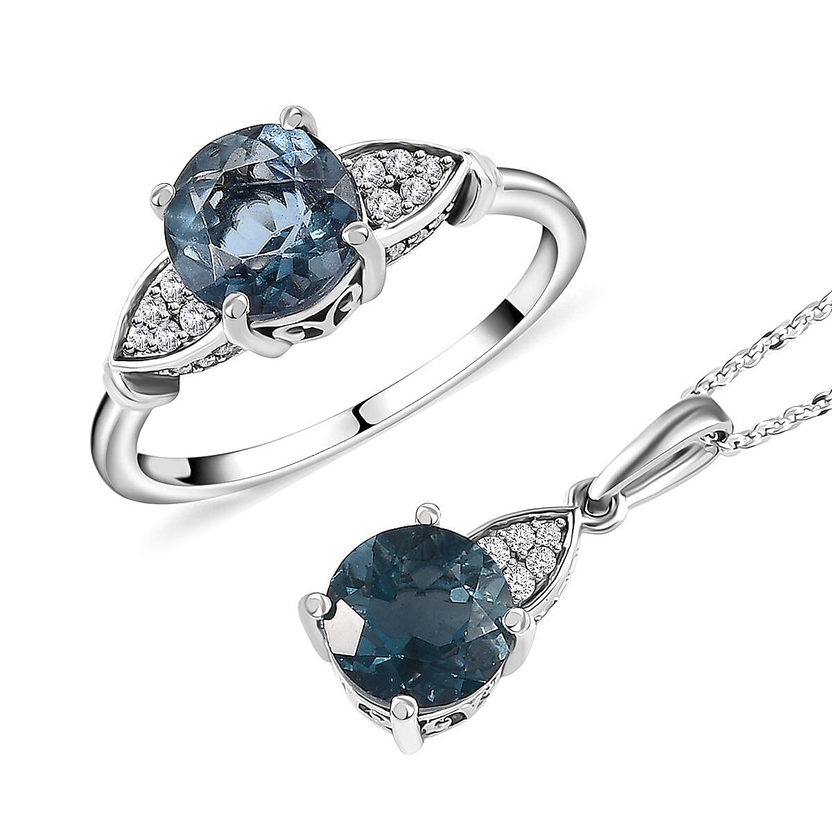 Teal Fluorite (IR) and White Zircon Ring and Pendant Necklace 20 Inches in Platinum Over Sterling Silver 5.10 ctw