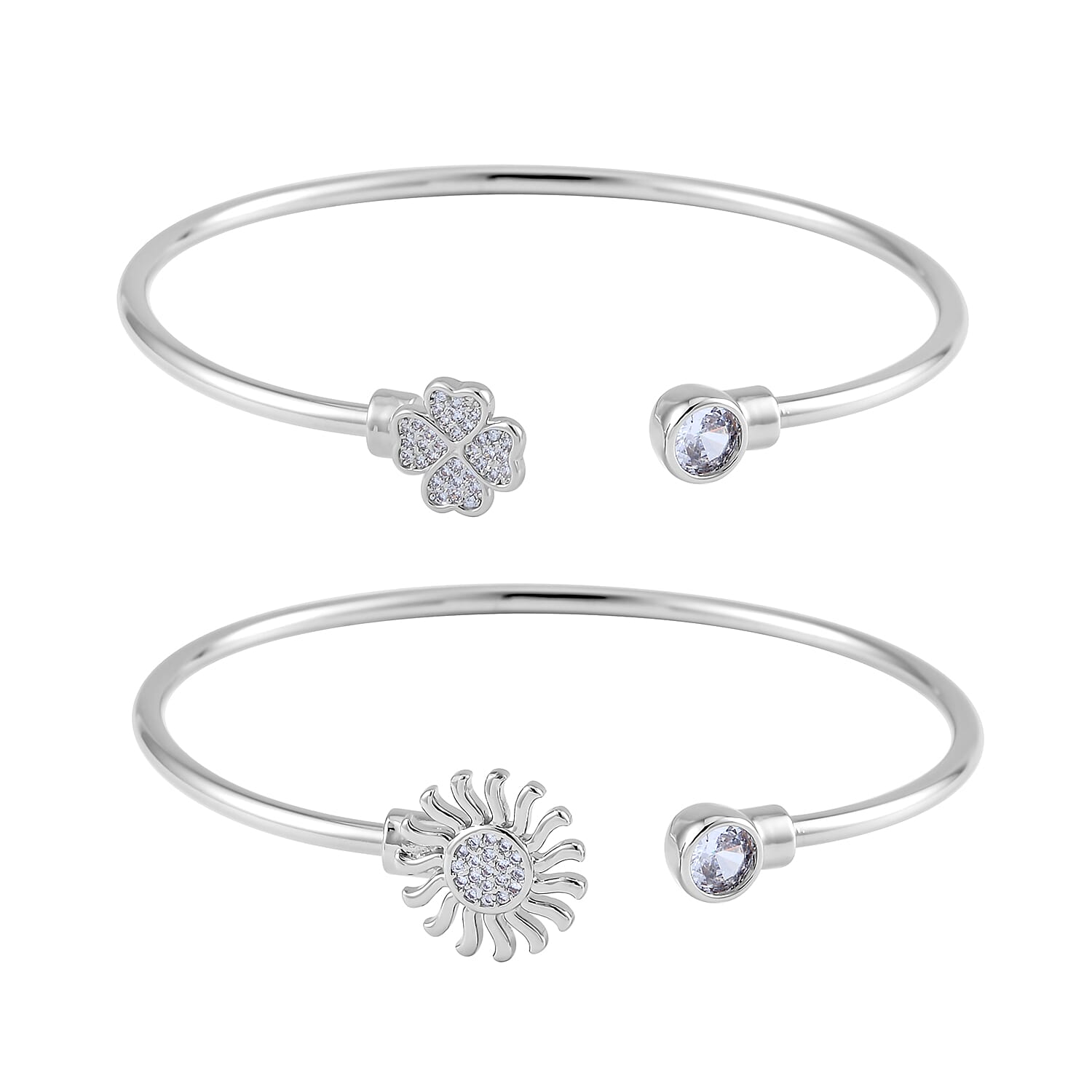 Simulated Diamond Set of 2 Leaf Clover and Sunflower Cuff Bracelet (7.50 In) in Silvertone 0.60 ctw