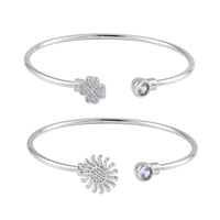 Simulated Diamond Set of 2 Leaf Clover and Sunflower Cuff Bracelet (7.50 In) in Silvertone 0.60 ctw