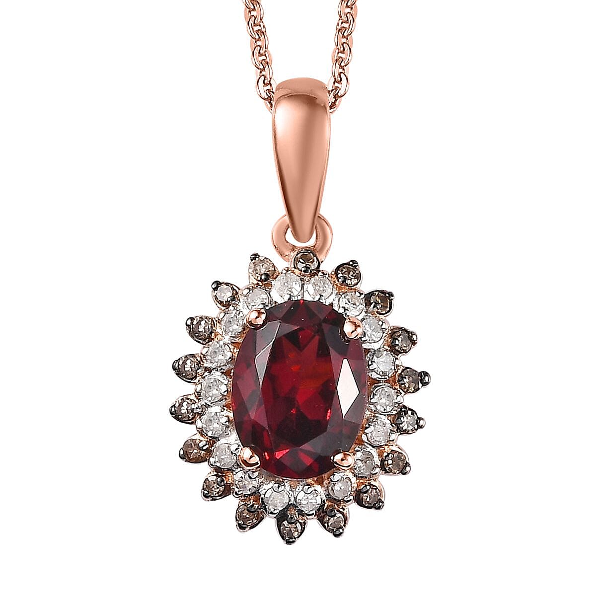 Tanzanian Wine Garnet, Natural Champagne and White Diamond Floral Pendant Necklace 20 Inches in Vermeil Rose Gold Over Sterling Silver 1.75 ctw