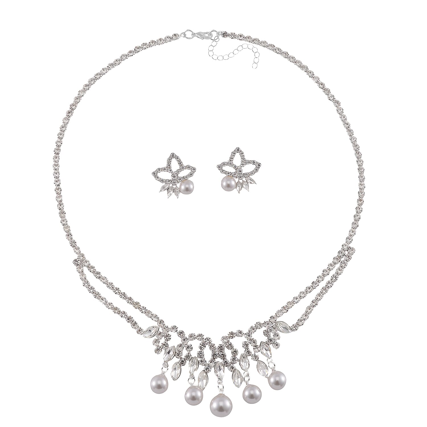White Shell Pearl and Austrian Crystal Necklace and Earrings in Silvertone 20-22 Inches