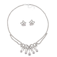 White Shell Pearl and Austrian Crystal Necklace and Earrings in Silvertone 20-22 Inches