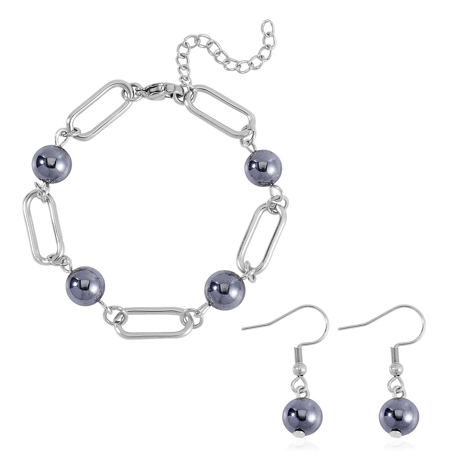 Terahertz 22.50 ctw Beaded Paper Clip Chain Station Bracelet (6-50-8.0In) and Drop Earrings in Stainless Steel