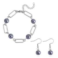 Terahertz 22.50 ctw Beaded Paper Clip Chain Station Bracelet (6-50-8.0In) and Drop Earrings in Stainless Steel
