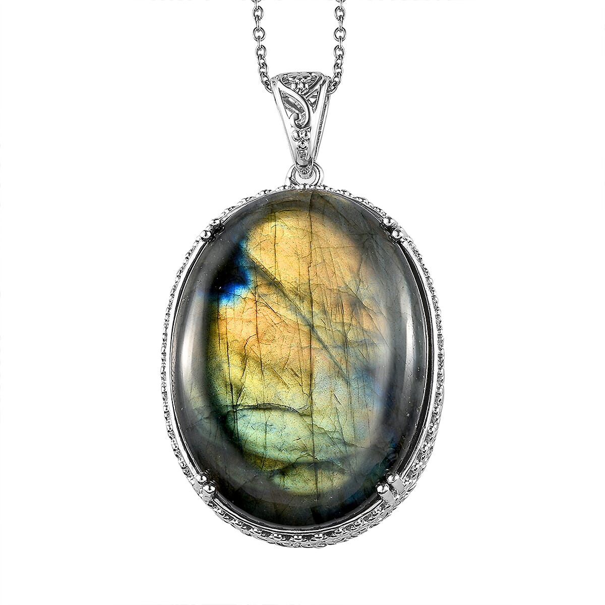 Karis Malagasy Labradorite 35 ctw Pendant in Platinum bond with Stainless Steel Necklace 20 Inches