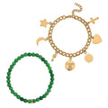 Set of 2 Green Jade (D) Beaded Stretch and ION Plated YG Stainless Steel Curb Chain Charm Bracelet (7.50-9.0In) 80.00 ctw - Sticky add to cart bar