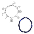 Set of 2 Lapis Lazuli Beaded Stretch and Stainless Steel Paper Clip Chain Charm Bracelet (7.50-9.0In) 80.00 ctw - Sticky add to cart bar