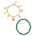 Set of 2 Green Jade (D) Beaded Stretch and ION Plated YG Stainless Steel Paper Clip Chain Charm Bracelet (7.50-9.0In) 80.00 ctw - Sticky add to cart bar