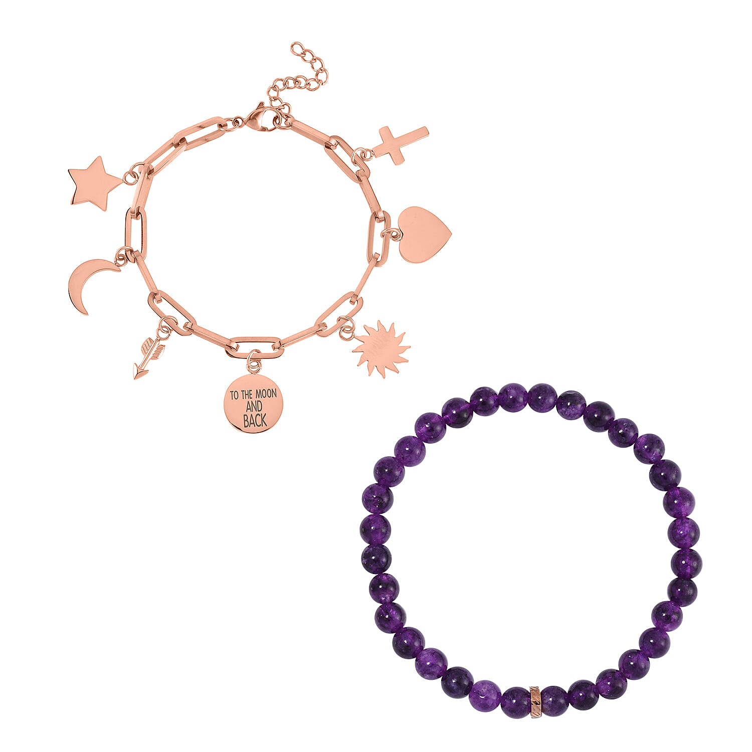 Set of 2 Amethyst Beaded Stretch and ION Plated RG Stainless Steel Paper Clip Chain Charm Bracelet (7.50-9.0In) 80.00 ctw