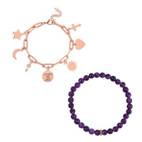 Set of 2 Amethyst Beaded Stretch and ION Plated RG Stainless Steel Paper Clip Chain Charm Bracelet (7.50-9.0In) 80.00 ctw