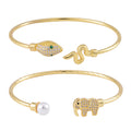 Simulated Pearl, Simulated Multi Color Diamond Set of 2 Snake and Elephant Cuff Bracelet (7.50 In) in Goldtone 0.35 ctw - Sticky add to cart bar