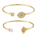 Set of 2 Simulated Pearl, Simulated Green and White Diamond Orbit and Evil Eye Cuff Bracelet in Goldtone (7.25 In) - Sticky add to cart bar